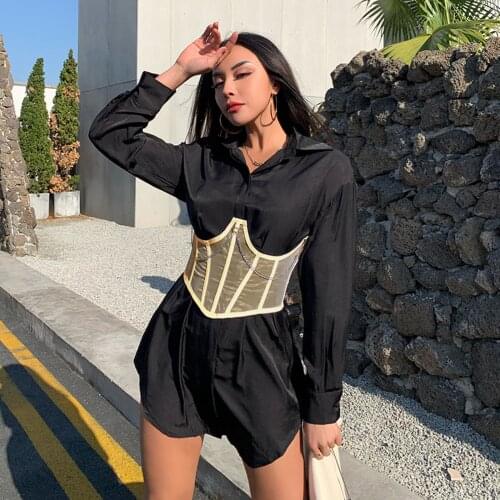Mall Goth Punk Metal Chain Black Corset High Waist Corsets Harajuku Vintage Mesh See Through Waist Shaper Corsets Cummerbunds