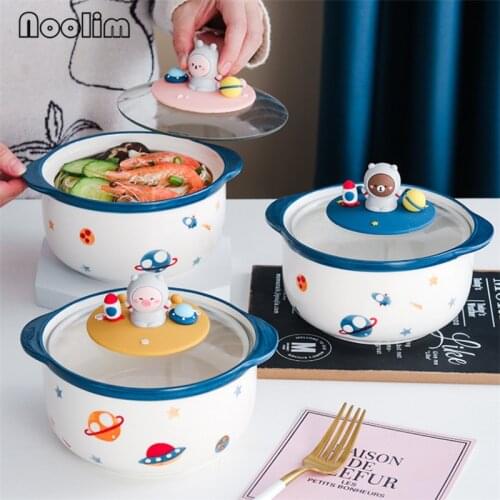 Japanese Ceramic Cartoon Cute Instant Noodle Bowl with Glass Cover Mobile Phone Holder Large Soup Salad Dessert Bowl Tableware