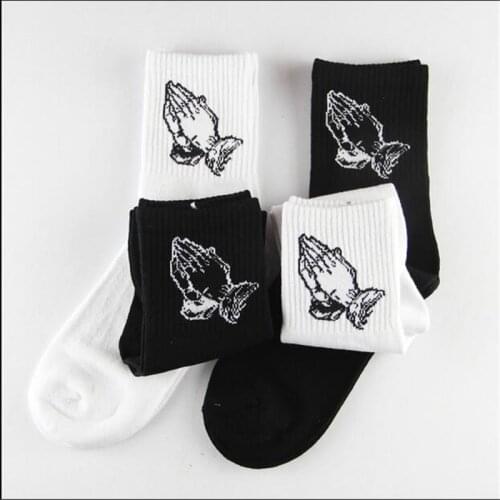 Fashion skate cotton crew socks of Virgin Mary gesture pattern for men women tide brand hip hop funny novelty white black Funky