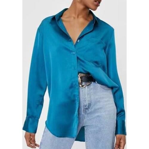ZA 2021 summer new womens blouse European and American style lapel long-sleeved buttoned cardigan solid color poplin shirt