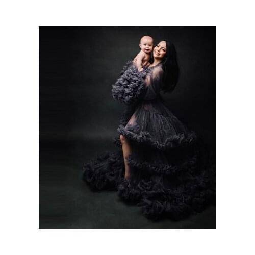 Extra Puffy Tulle Dresses Gowns For Bridal Pregnancy Photo Shoot Long Sleeves Sexy See Thru Maternity Robe Plus Size