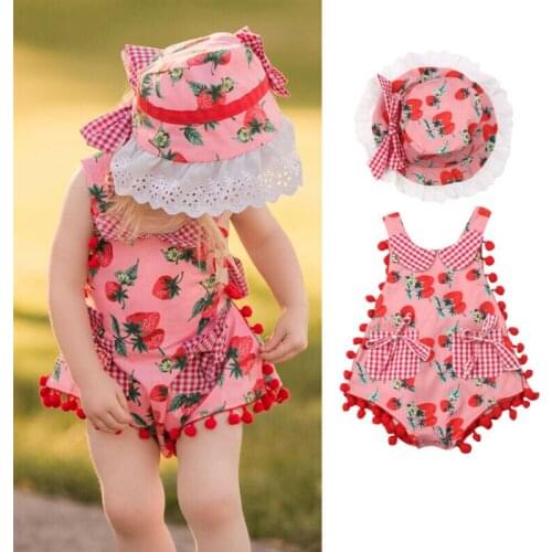 Newborn Infant Baby Girl Clothes Summer Bodysuits Sleeveless Lace Strawberry Jumpsuit Hat 2pcs Set Sunsuit Lovely Clothes Set