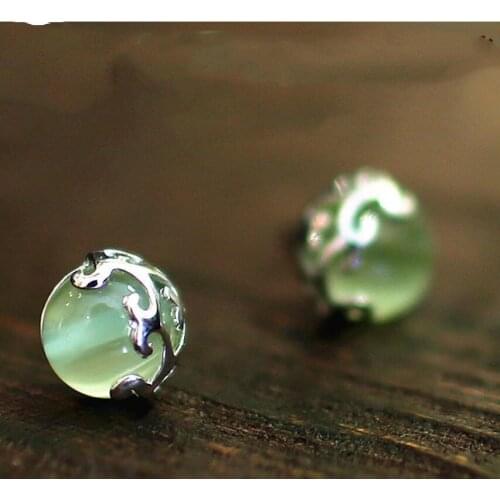 Original design semi-pierced prehnite round earrings natural bohemian style fresh and delicate charm ladies silver jewelry