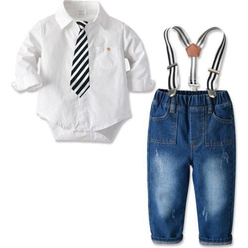 2021 Autumn White Romper Suit for Baby Boy Clothes Denim Pants with Belt 4 PCS/Set Infant Newborn Outfit with Black White Tie