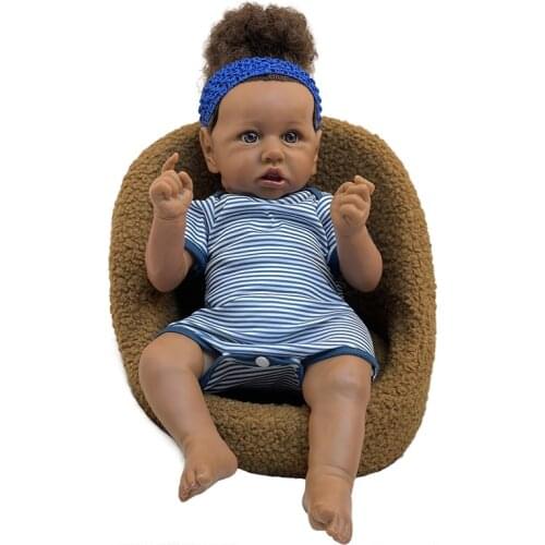 55CM Lifelike Reborn Toddler Doll Dark Skin African American Girl Doll with Rooted Curly Hair Cloth Body Realistic Bebe Gift