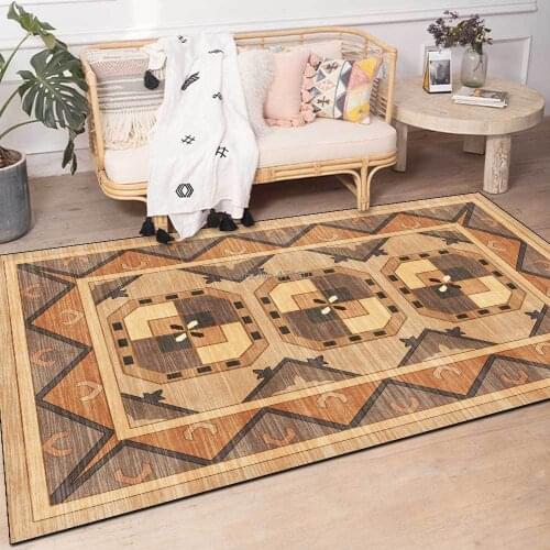 Retro simple geometric earthy yellow brown ethnic style living room bedroom bedside carpet floor mat customization