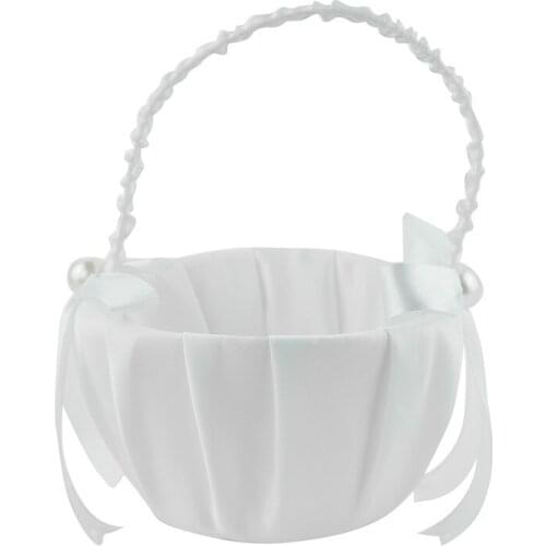 Romantic White Satin Bowknot PEARL Flower Girl Basket Wedding Ceremony Party