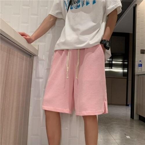 High Quality Summer New 100% Cotton Drawstring Shorts Men Casual Waffle Short Sweat Joggers Black White Pink 4XL 5XL