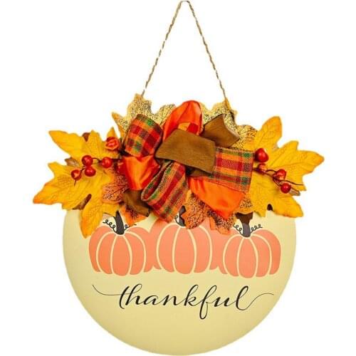 Thankful Porch Decor Sign Door Hanging Wreath Harvest Festival Wooden Pumpkin Maple Leaf Doorplate For Home Halloween Decoration