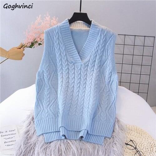 Sweater Vest Womens Solid V-Neck Knitted Loose Leisure Plus Size New Autumn Korean Style Lazy Simple Basic Sweaters Ladies Hot