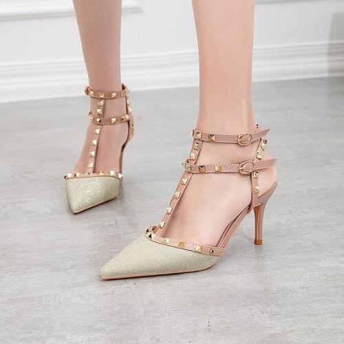 2020 new 7CM PUMPS high-heeled shoes female pointed stiletto sexy nightclub word with rivets wild sandals female summer