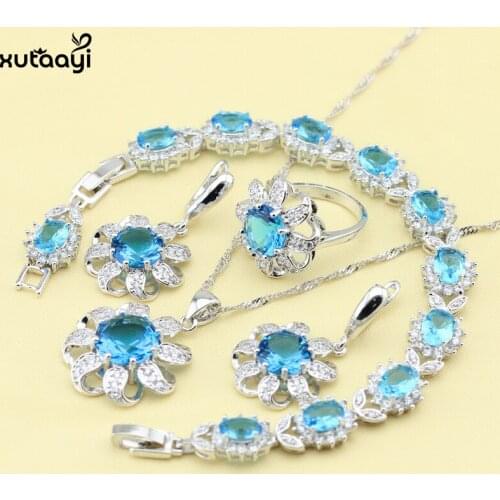 XUTAAYI Top Flowers Sterling Silver Overlay Jewelry Sets Blue Zircon Pleasant Necklace/Rings/Earrings/Bracelet For women