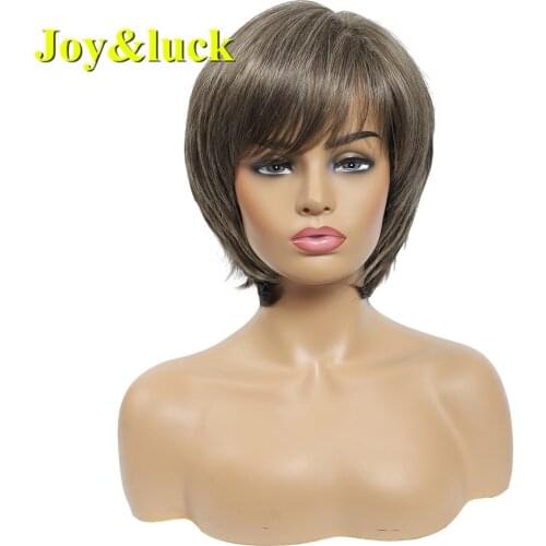 Joy&luck Short Wig Brown Mix Blonde Synthetic Wigs for Women Straight Full Wigs With Bangs Hair Wigs Fashion Hair Style