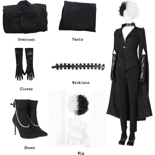 Anime Cruella De Vil Cosplay Coat Rock Collar Black Uniform Woman Long Flared Sleeves Dreses Halloween Outfits Adult Costume