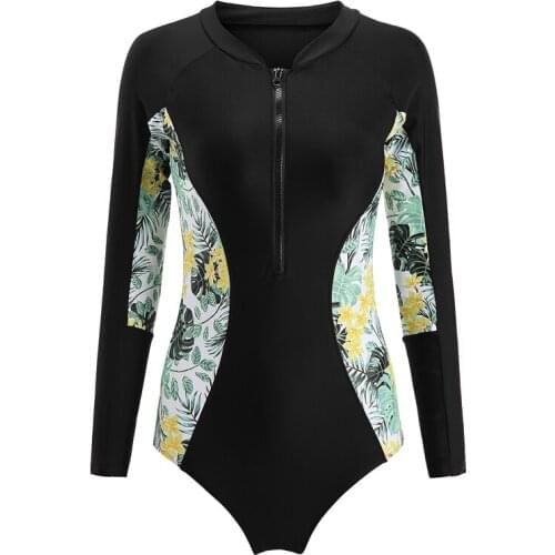 Women Swimsuit One Piece Suits Bathing Swimming Wear Floral Long Sleeves Zipper Front Diving Swimsuits Beachwear S M L XL XXL