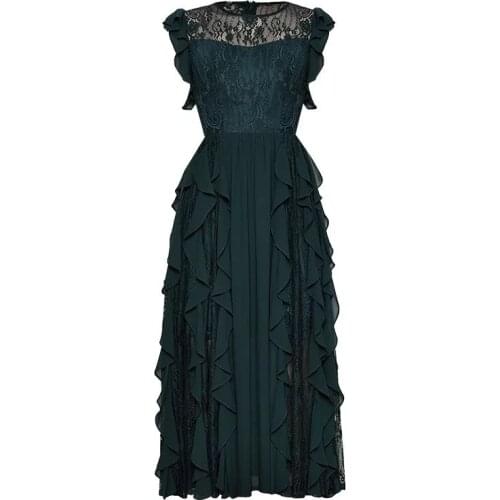 New 2020 Summer Ladies Sexy Lace Patchwork Irregular Ruffles Long Dresses Runway Women Hollow Out Elegant Party Green Dresses