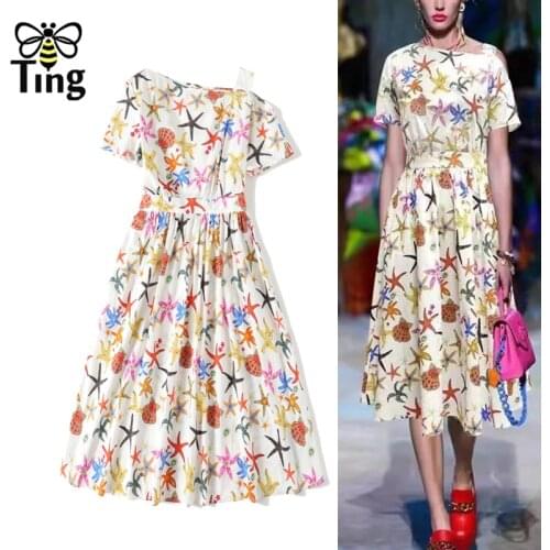 Tingfly Runway Fashion Summer Sea Starfish Printing Casual A Line Dress Lady Elegant Knee Length Office Style Vestidos Summer