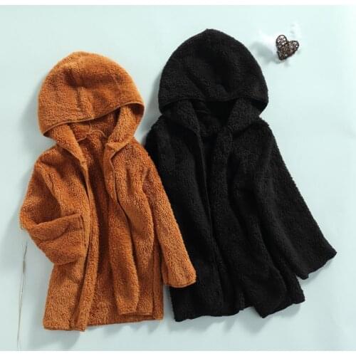 WInter Girl Kids Warm Hooded Plush Jacket Baby Open Front Solid Color Long Sleeve Outerwear Coats Tops