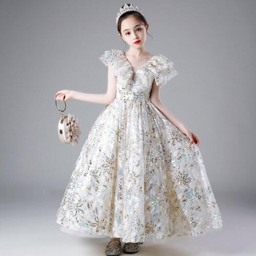 Children Girls High Quality Customized Model Show Catwalk Sequined Dress Kids Teens Luxury New Birthday Wedding Party Dress