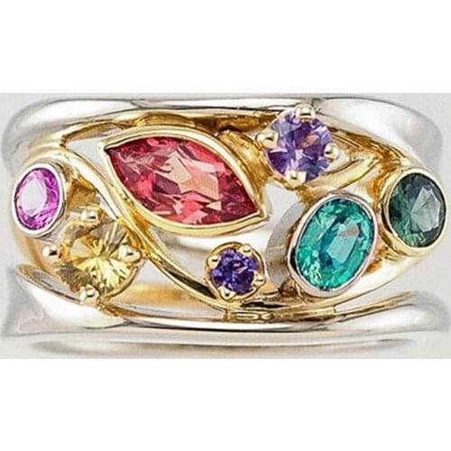 Huitan Two Tone Colorful Stone Hot Sale Women Finger Ring Birthday Anniversary Gift Rings Hollowed Design Fashion Female Jewelry