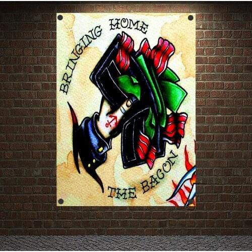 BRINGING HOME THE BAGON Tattoo Art Print Vintage Hanging Painting Banners Wall Decoration Tapestry Canvas Flags Wall Sticker