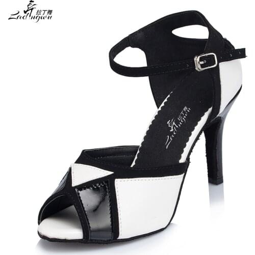 Ladingwu New Classic Black and White Collocation PU Latin Salsa Ballroom Party Dance Shoes Womens High Heels 6/7.5/8.5/10cm