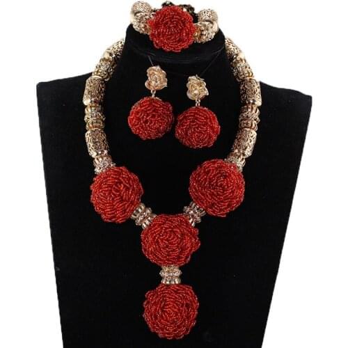 Fashion Red African Beaded Chunky Statement Necklace Set Gold Bridal Indian Jewellery Set for Women Brides Gift Jewelry WE241