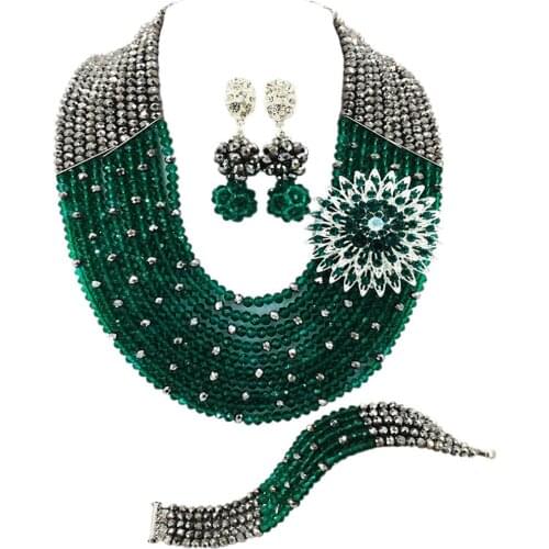 Fashion Silver Teal Green Army Green Nigerian Wedding African Beads Jewelry Set Crystal Necklace Bracelet Earrings Sets 10SZ22