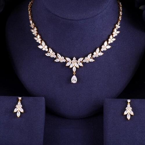 Newest Luxury Sparking Brilliant Cubic Zircon Clear Gold-Color Necklace Earrings Wedding Bridal Jewelry Sets Dress Accessories