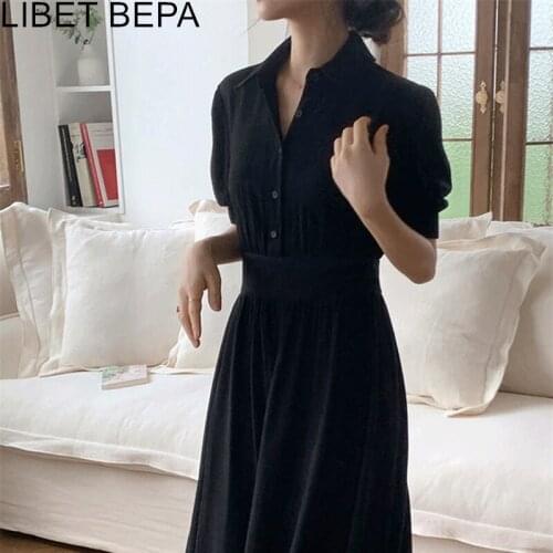 2021 New Womens Summer Dresses High Waist Vintage Korean Style Turn-Down Collar Fashionable Minimalist Lady Long Dress DR2238