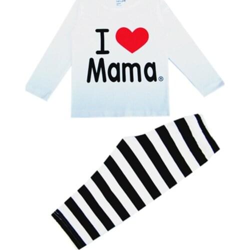 New Spring Autumn Children Sets Kids Clothes Baby I Love Mama Clothes Suit Boys Girls T Shirt Pants Striped Pajamas LP018