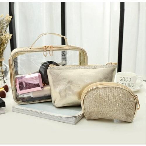 Wholesale 3 piece per set shiny PU PVC lady women travel cosmetic bag