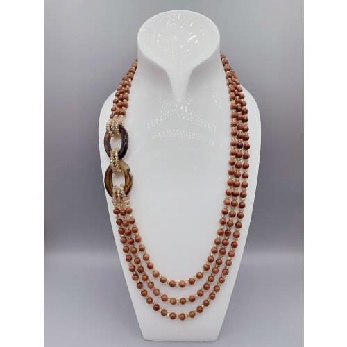 3 Strands Of 6mm Gold Sand Stone Necklace With Agate Champagne Crystals Trendy Long Style For Women Girls Gifts 30 Inch