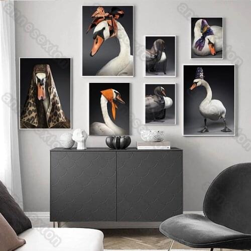 Canvas Painting Poster Nordic Style Creative Orange Beak White Swans Wearing Orange Scarf for Living Rooms Gallery Wall Decorati