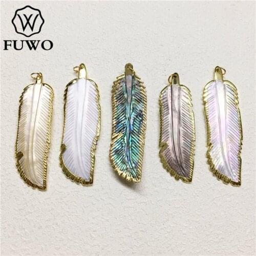 FUWO Natural Shell Feather Pendant With Gold Filled Edge Fashion Sea Shell Tribe Beach Jewelry Wholesale Anti-fading PD591