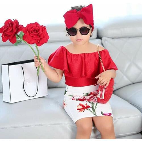 Pudcoco Summer Toddler Baby Girls Sets Off Shoulder Ruffles Red T-Shirts Floral Print Pencil Skirts Headband 3PCS Clothes 1-6T