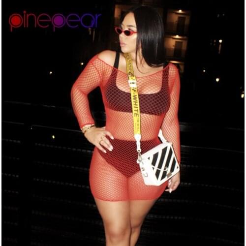 PinePear Fishnet Sexy See Through Long Sleeve Beach Dress Cover Up Swimsuit 2019 Summer Women Swimming Bathing Suit Dropshipping