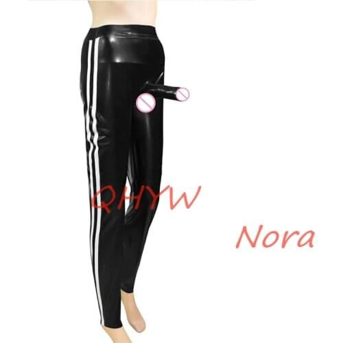 Sexy Latex Women Pants Handmade Rubber Trousers Black with White with Penis Sheath Design Cosplay Costume Custom Made