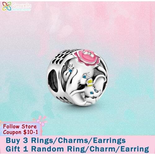 Smuxin 925 Sterling Silver Beads Dumbo & Mrs. Jumbo Elephan Charms fit Original Pandora Bracelets Women DIY Jewelry Making Gift