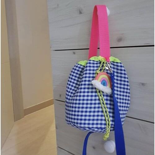 Hylhexyr Cute Lattice Drawstring Shoulder Bag Childrens Hand Carrying Crossbody Bags Bucket Shaped Female Canvas Handbag