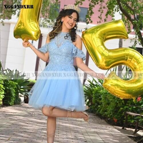 New Arrival A-Line Prom Dress 2022 Tulle Appliques Knee-Length Blue Halter Evening Dresses Or Plus Size