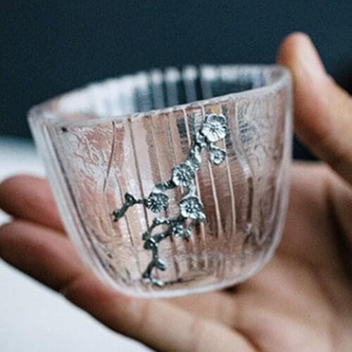 High Temperature Glass Cup Transparent Glass Flower Tea Cup Japanese-style with Plum Decoration Personalized Gift Cup Drinkware