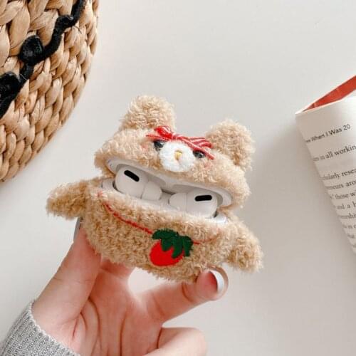 For Airpods Accessories Cute Strawberry Bear Protective Cover Plush Case Sleeve for Airpods Pro Headset