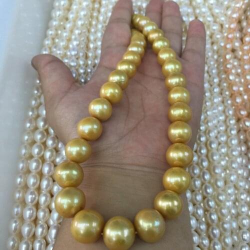 Big 18 inch 12-15 mm south sea golden pearl necklace 14k gold clasp
