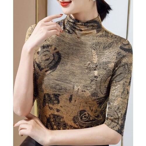 Half Sleeve Womens T-Shirt New 2021 Spring Autumn Mesh Tops And Shirt Elegant Slim Print Plus Size Tshirt Blusas