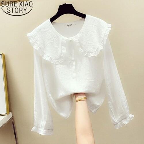 Autumn Clothing Korean Long Sleeve Shirt Peter Pan Collar Blosue Women Cotton Linen Shirt 2021 Casual Shirts Ladies Tops 11356