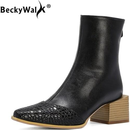 Plush Size 44 45 Women Ankle Boots Square Heels Ladies Shoes Woman 2021 Autumn Winter Patchwork Leather Boots for Women WSH3692