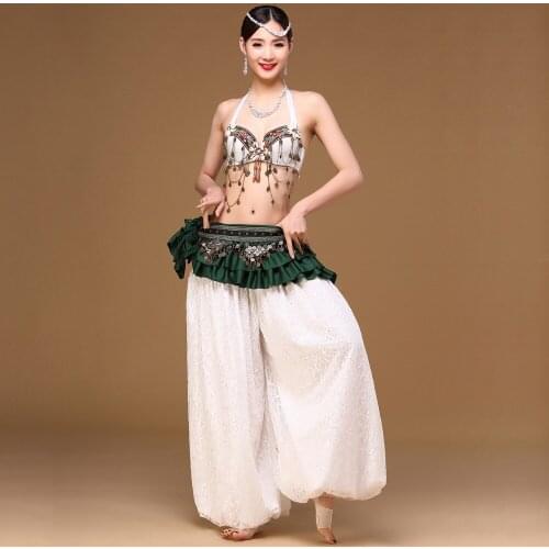 2018 New Tribal Belly Dance Pants for Women Dancewear 3pcs Set Beaded Bra Coins Belt Bloomers Bellydance Pantalon