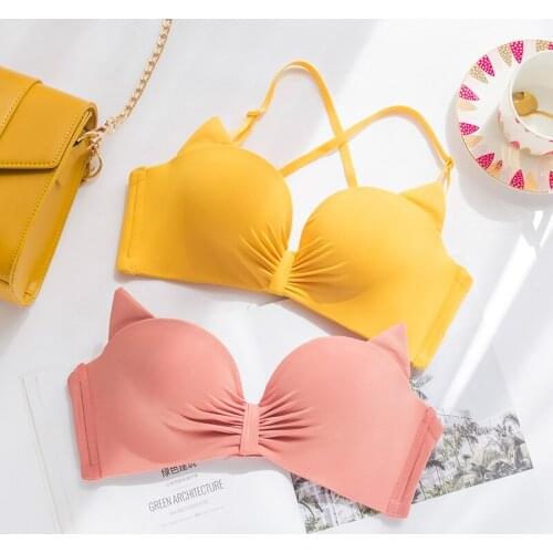 Wasteheart Women Fashion Yellow Padded Straps Bras Push Up Bra Sexy Lingerie Underwear Lovely One-Piece Bra Cup A B Bralette