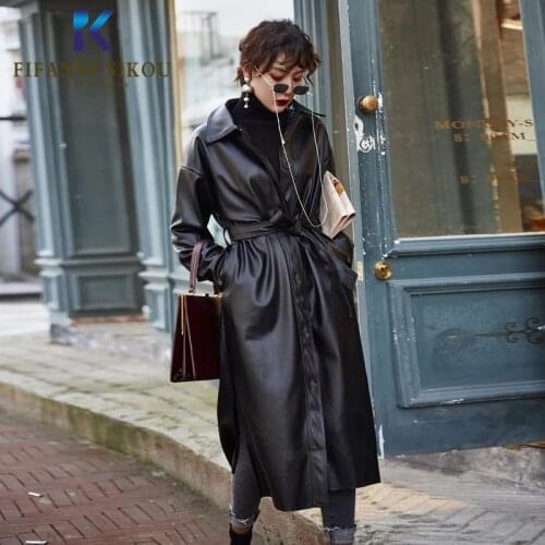2020 New Autumn Jacket Women Faux Leather Jacket Women Clothes Fashion Loose Long Trench Coat Female Streetwear Windbreaker